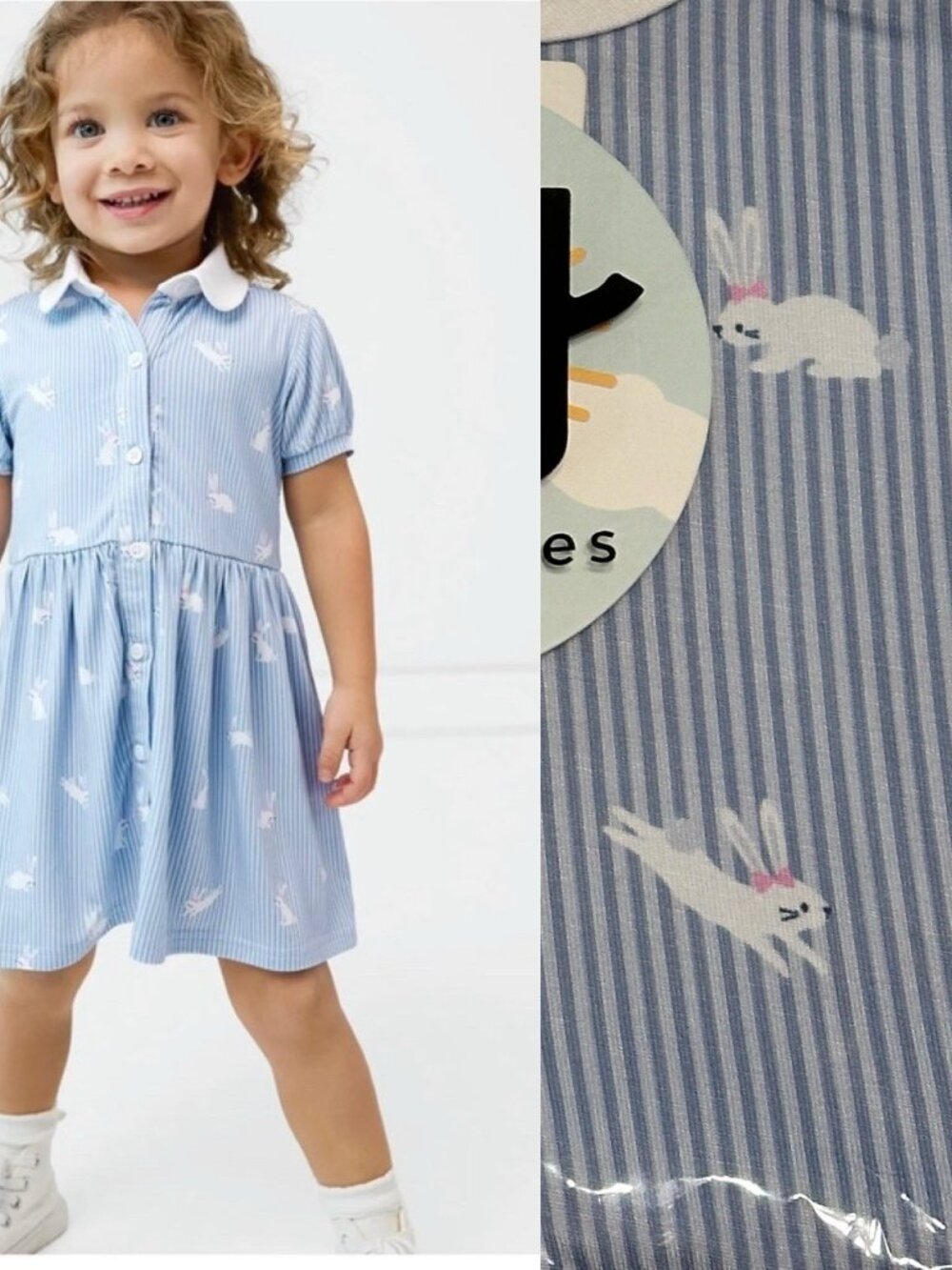 NWT Little Sleepies Girls 5 Bunny Stripe Button Down Dress Short Sleeve Bamboo